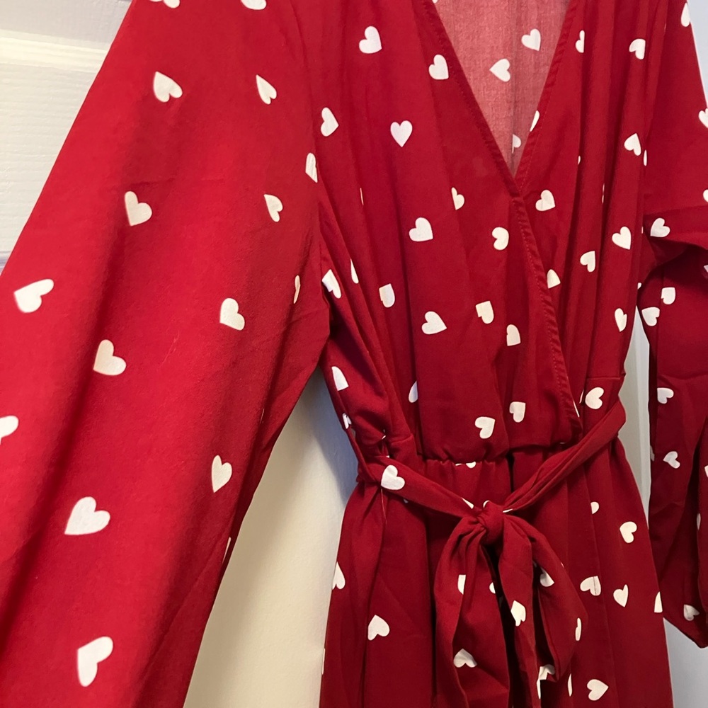 Red Dress w White Heart Pattern Pockets BloomChic